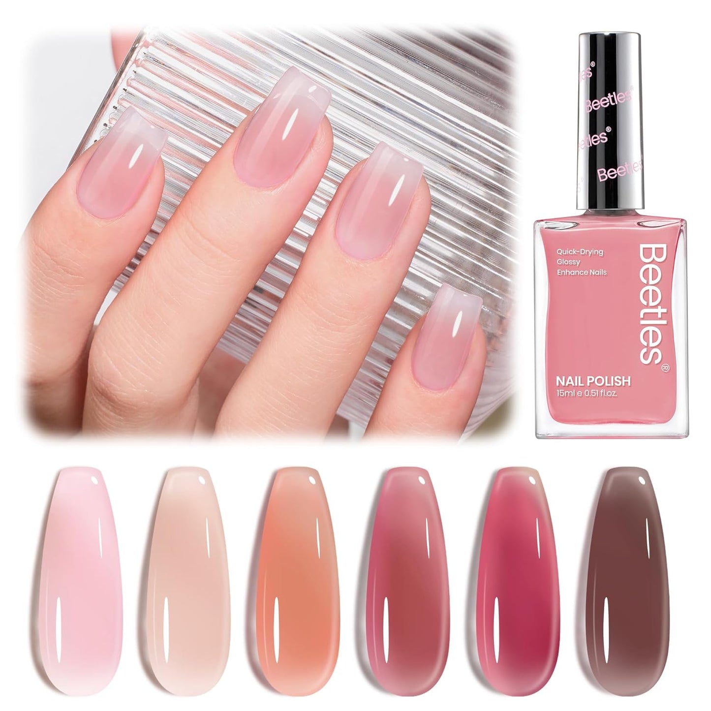 Beetles Jelly Nail Polish Set, 6 Colors Sheer Pink Nail Polish Long Lasting & Quick Dry Clear Jelly for Christmas Women, Pink Nail Strengthener Polish for Salon DIY Manicure Set