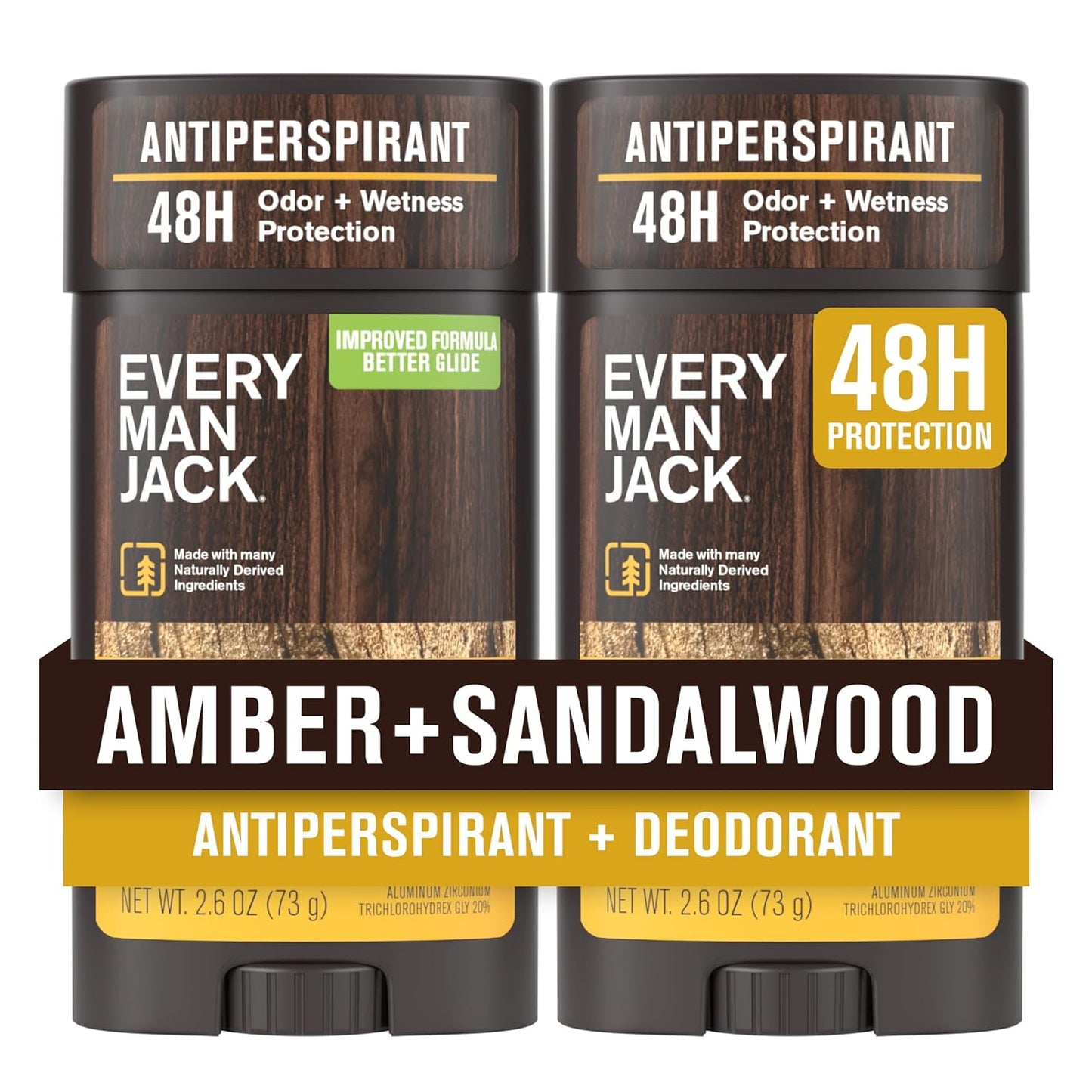 Every Man Jack Men’s Amber + Sandalwood Antiperspirant Deodorant – New & Improved Formula – Smooth Glide, 48-Hour Odor & Sweat Defense– 2.6 oz (2 Pack)