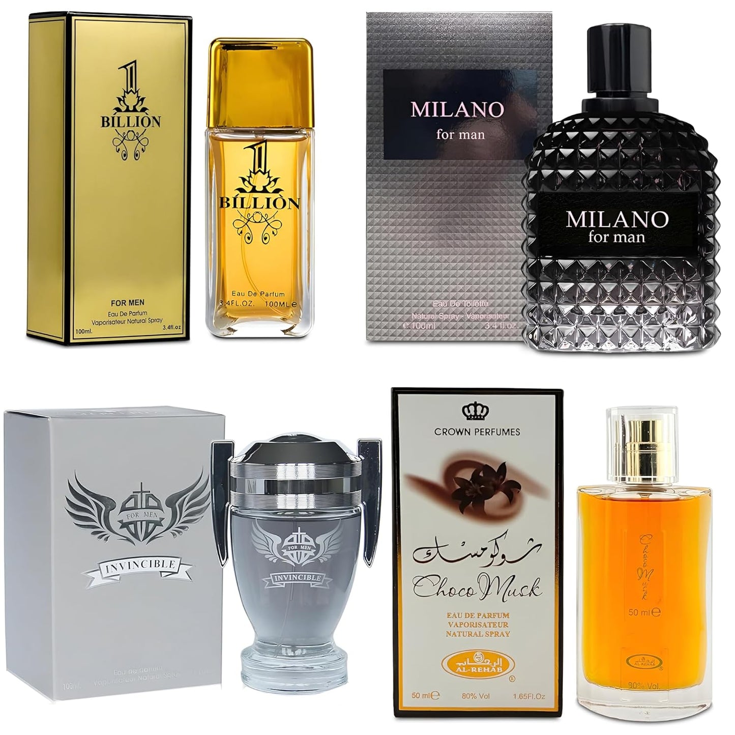 Men Cologne 4-Piece Combo Set (Choco/Milano/Billion/Invincible) Each 100ml Eau de Toilette/Parfume Spray Premium Men Perfume Set Long Lasting Fragrance for Daily Use