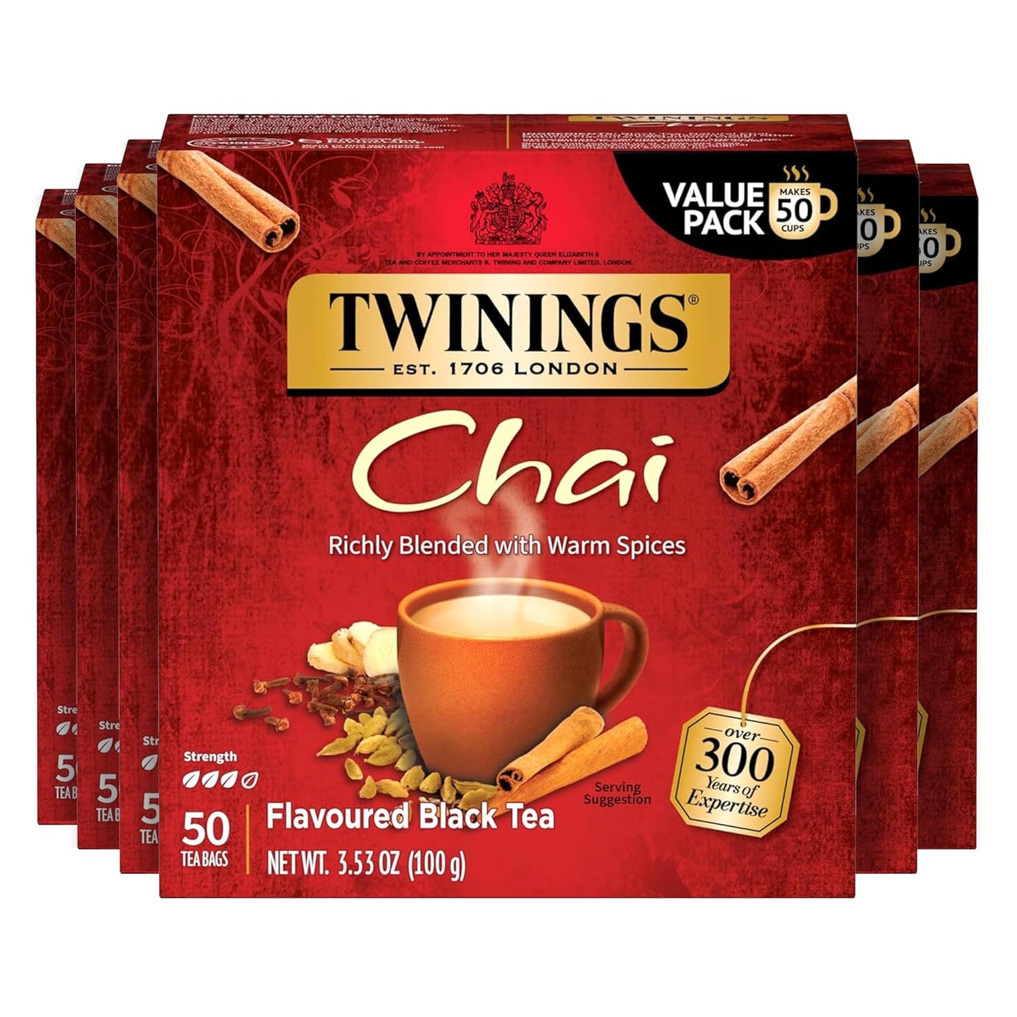 Twinings Chai Black Tea Individually Wrapped Bags, 50 Count (Pack of 6), Sweet, Savoury Spices, Caffeinated, Enjoy Hot or Iced, 300 Teabags