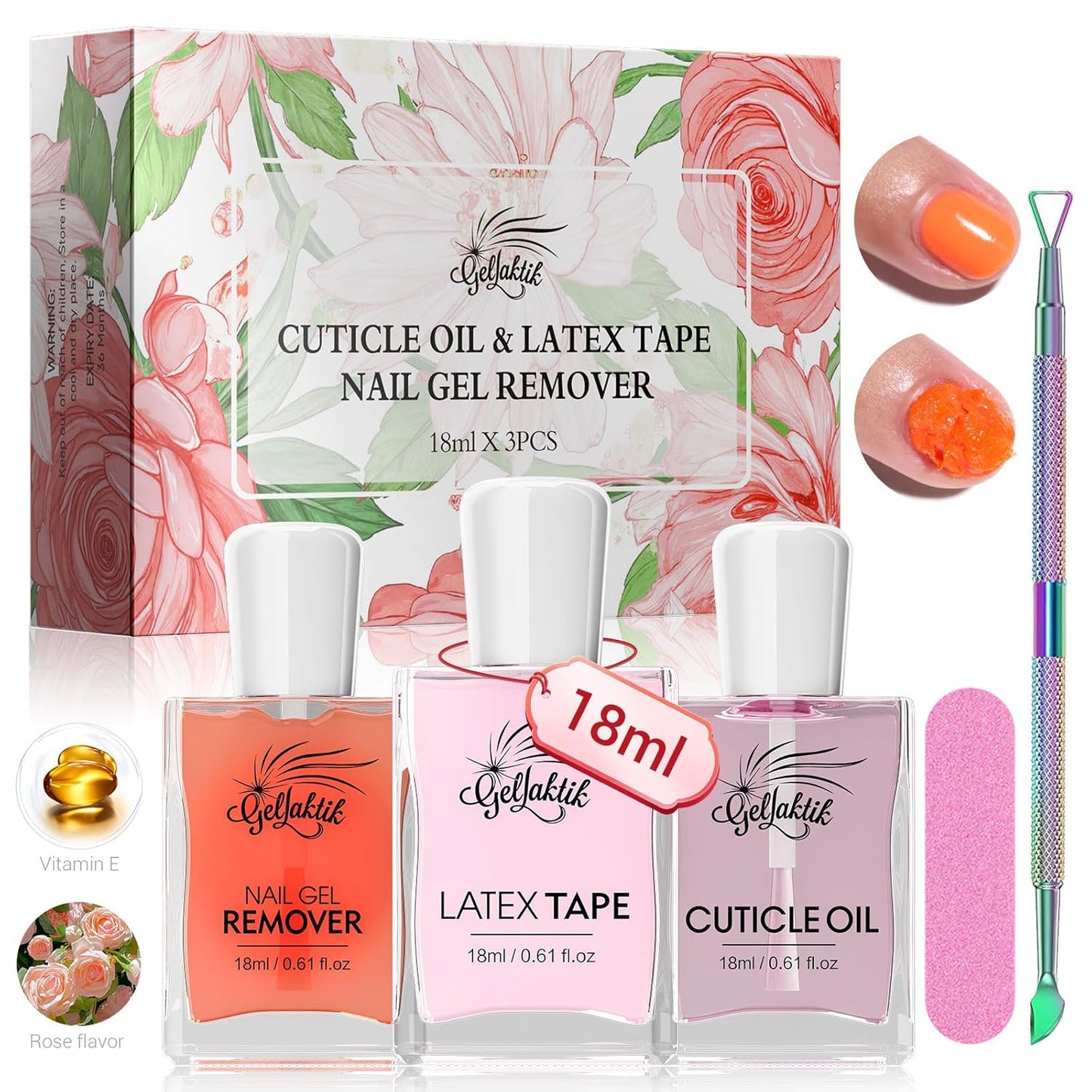 Gel Polish Remover Kit, 18ml×3 Set with Cuticle Oil & Liquid Latex Tape, No Soaking, Wrapping Required, Removes Gel Nails in 3-5 Mins, Includes Nail Pusher & File for Complete Nail Care