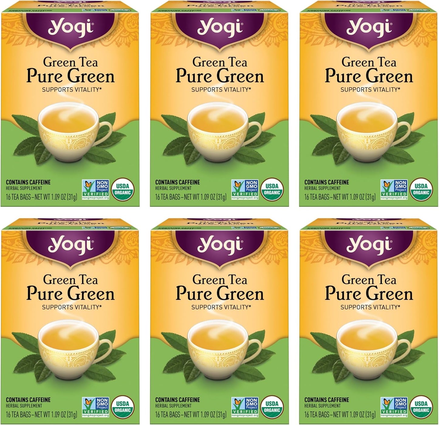 Yogi Tea Pure Green Tea - 16 Bags per Pack (6 Packs) - Organic - Supports Overall Health & Provides Antioxidants