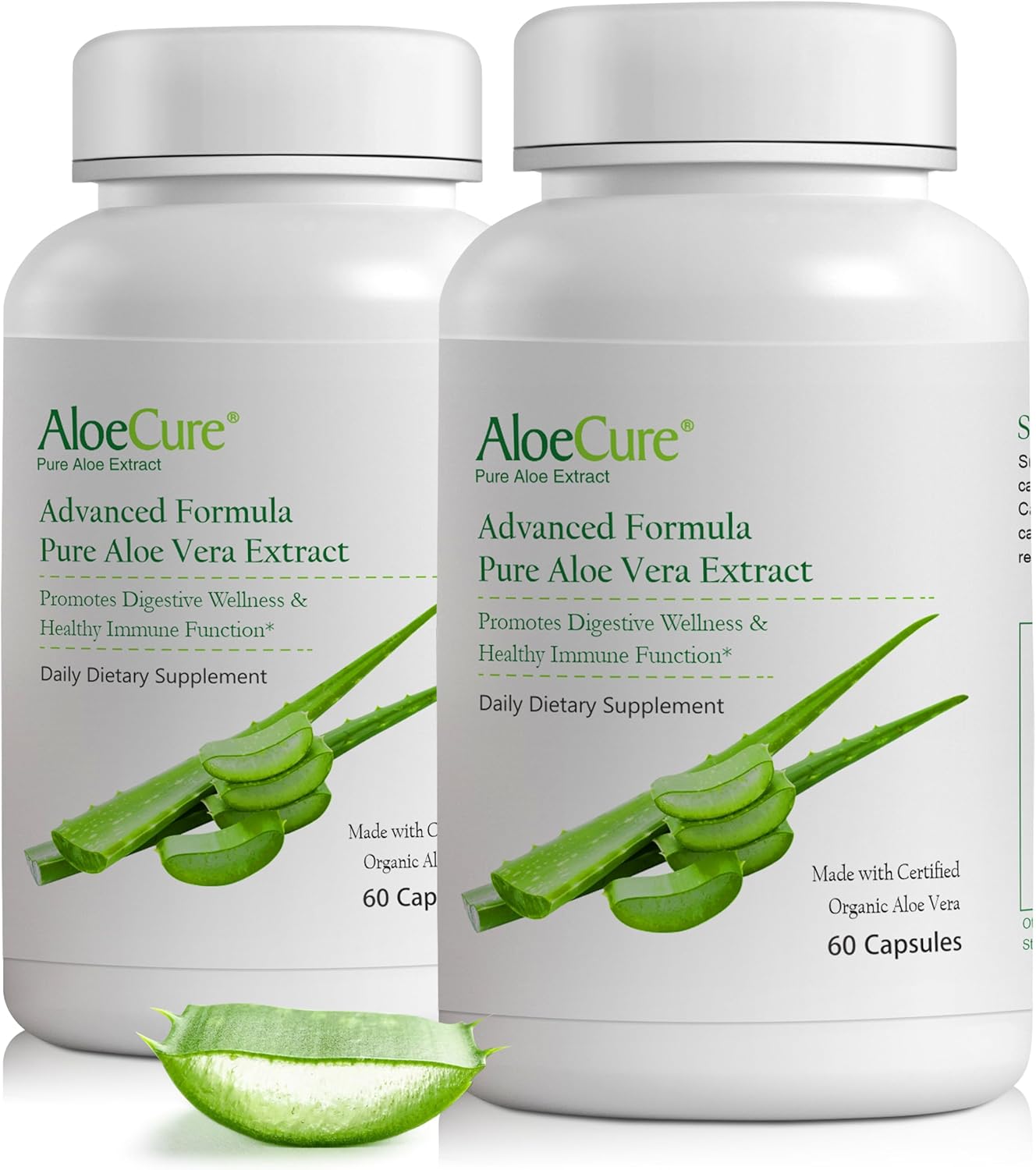 AloeCure Organic Aloe Vera Capsules, 160,000mg Inner Aloe Leaf Equivalent per Serving, Support Gut, Digestive, & Immune Health, Helps Maintain Balanced Stomach Acidity, Aloin Free, 60Caps x 2Btl