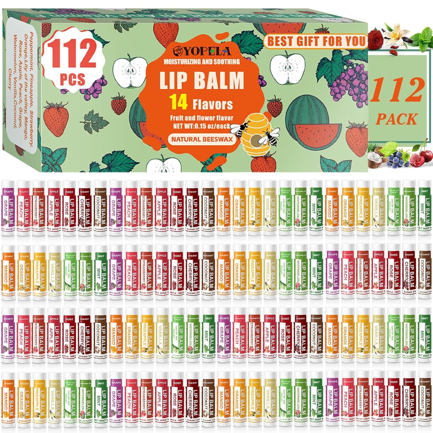 YOPELA 112 Pack Natural Lip Balm Bulk Lip Moisturizer with Vitamin E and Coconut Oil - Hydrating, Moisturizing, Soothing, and Repairing Dry and Chapped Lips Valentine's Gift - 14 Flavors - Non-GMO