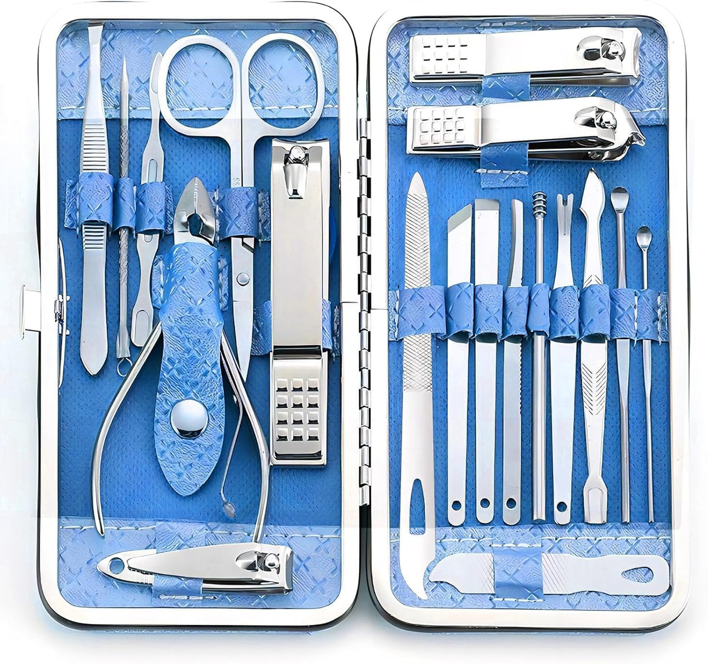 19 Pieces Fingernail and Toenail Professional Manicure Pedicure Nail Clippers Set Stainless Steel Nail Cutter Scissors Grooming Kit with Luxurious Travel Case (Blue)