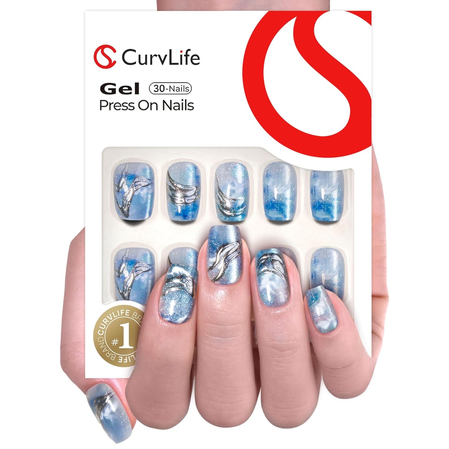 Curvlife Press On Nails Kit - Full Cover Marine Glassware Medium Square False Fake Nail Tips with Trendy Designs, Reusable & Glue Included - Easy Application Nail Accessories for Women
