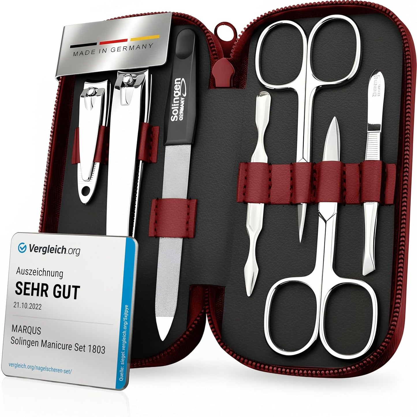 Manicure Set Solingen Made in Germany - 7 Piece Exclusive Finger & Toe Nail Clippers Kit for Women and Men in Real Leather Case, Color Red