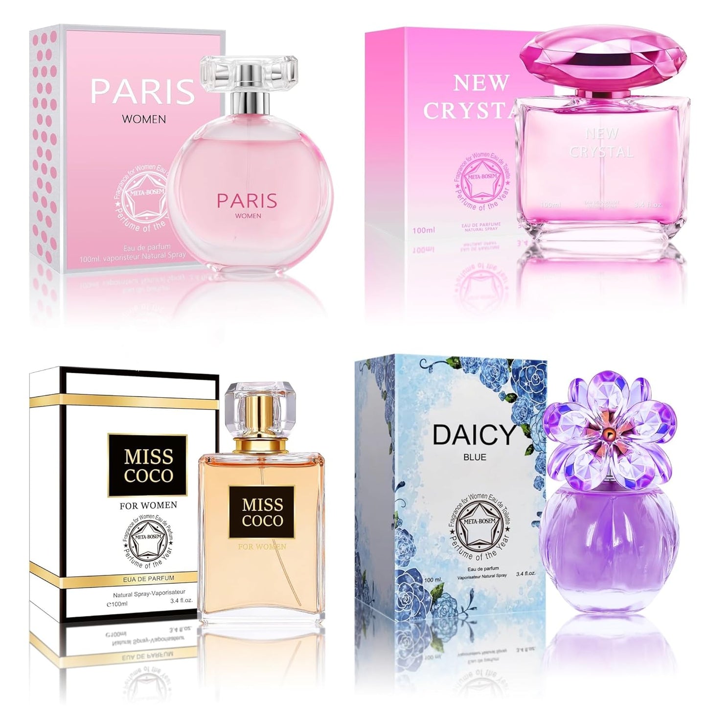 META-BOSEM Perfume for Women Set (100ml x 4PCS Variety Pack), NewCrys, ParisW, MissCoco, DaicyB, Long Lasting Perfume for Women All Day Use