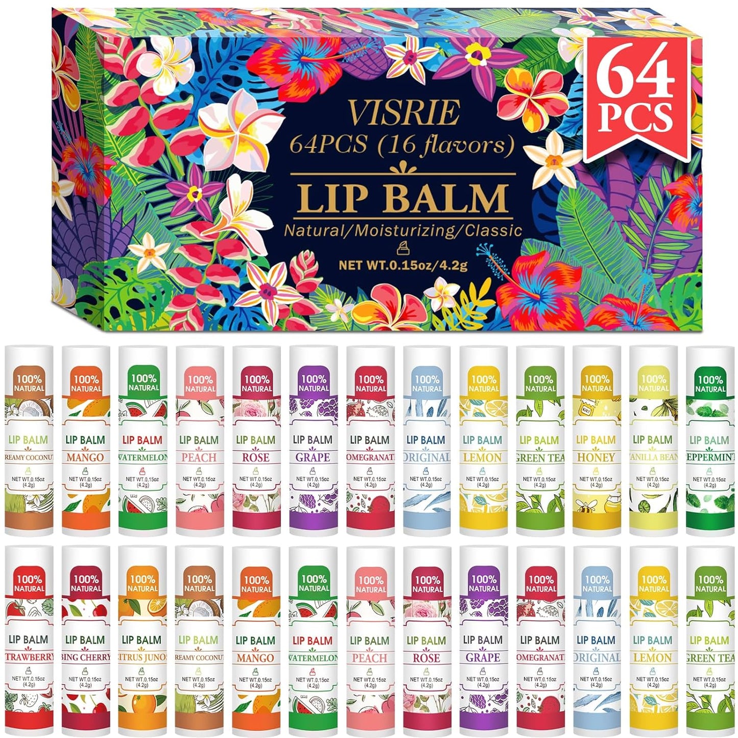 64 Pack Lip Balm, Natural Lip Balm Bulk with Vitamin E and Coconut Oil, Bulk Moisturizing Lip Balms for Dry Lips-16 Flavors