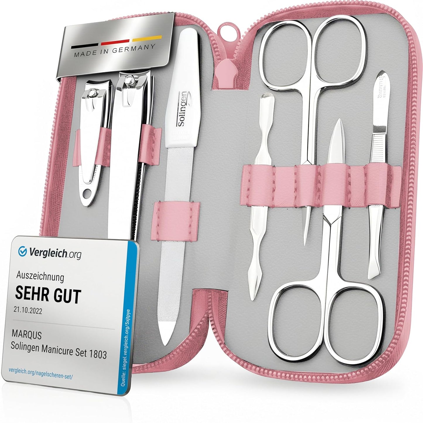 Manicure Set Solingen Made in Germany - 7 Piece Exclusive Finger & Toe Nail Clippers Kit for Women and Men in Real Leather Case, Color Rosa