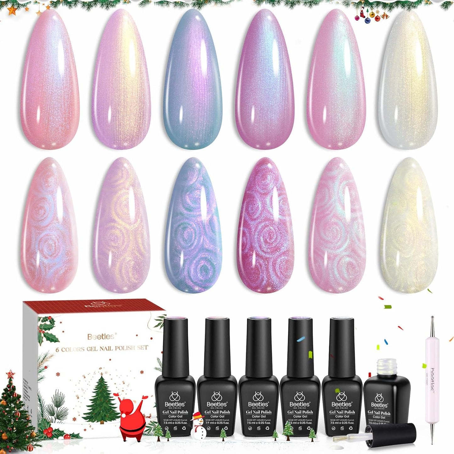 Beetles Christmas Gel Nail Polish Set – Pearl Shimmer Mermaid Gel Polish, 6 Color Pink Purple Blue Yellow Festive Gel Nail Kit, Soak Off UV LED Nail Drawing Manicure Holiday Gift for Women
