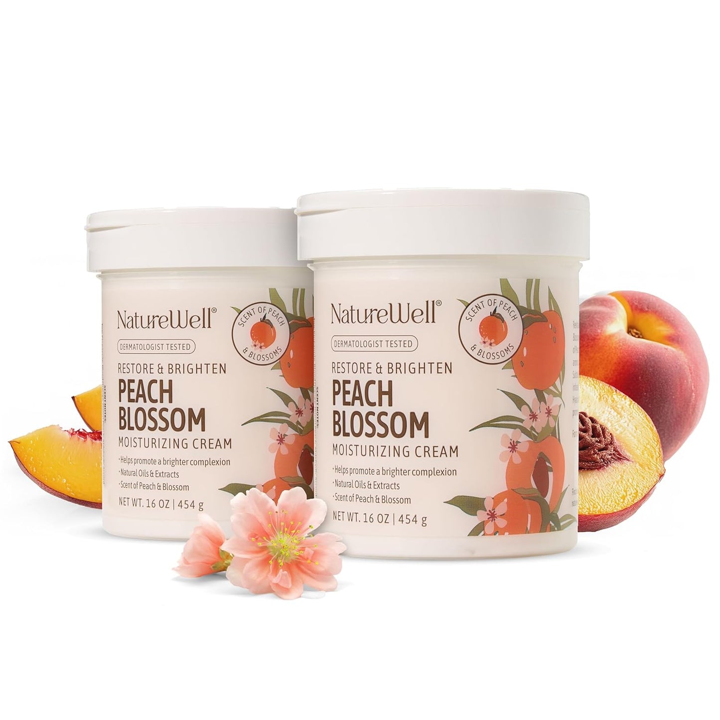 NATURE WELL Peach Blossom Restore & Brighten Moisturizing Cream For Face & Body, Infused With Peach Extract, Niacinamide, & Hyaluronic Acid, Promotes A Brighter Complexion, Pack of 2 (16 Oz Each)