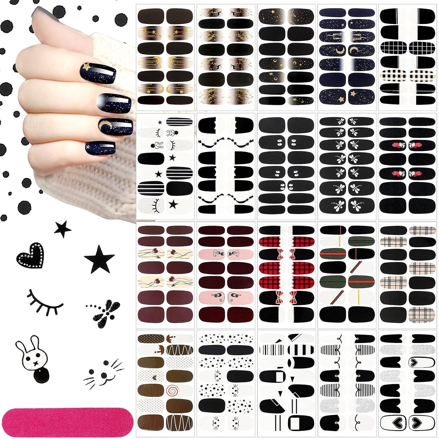 20 Sheets 280 Pieces Black Nail Wraps Self Adhesive Full Cover Nail Polish Stickers Halloween False Decals Manicure Stickers for Girls Women(Frisky Style)