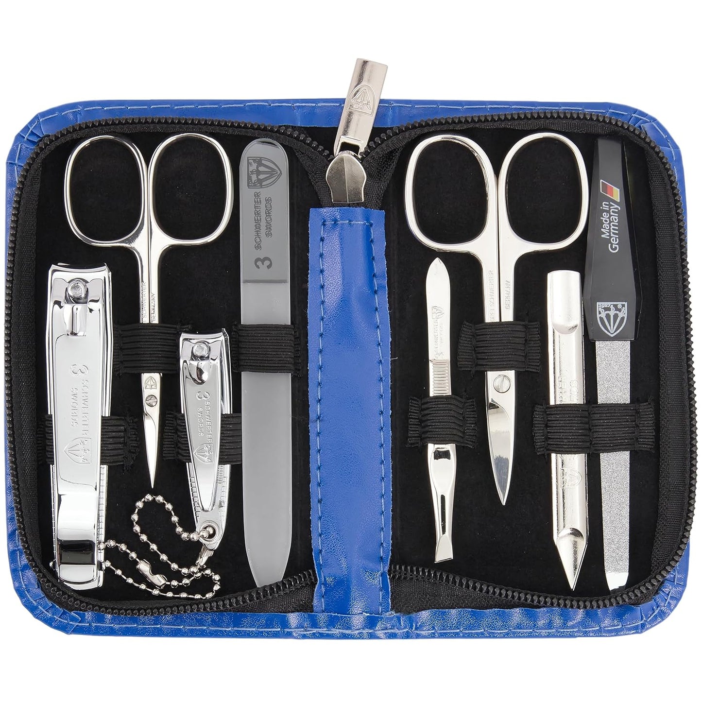3 Swords Germany - brand quality 8 piece manicure pedicure grooming kit set synthetic leather case blue - Made in Germany