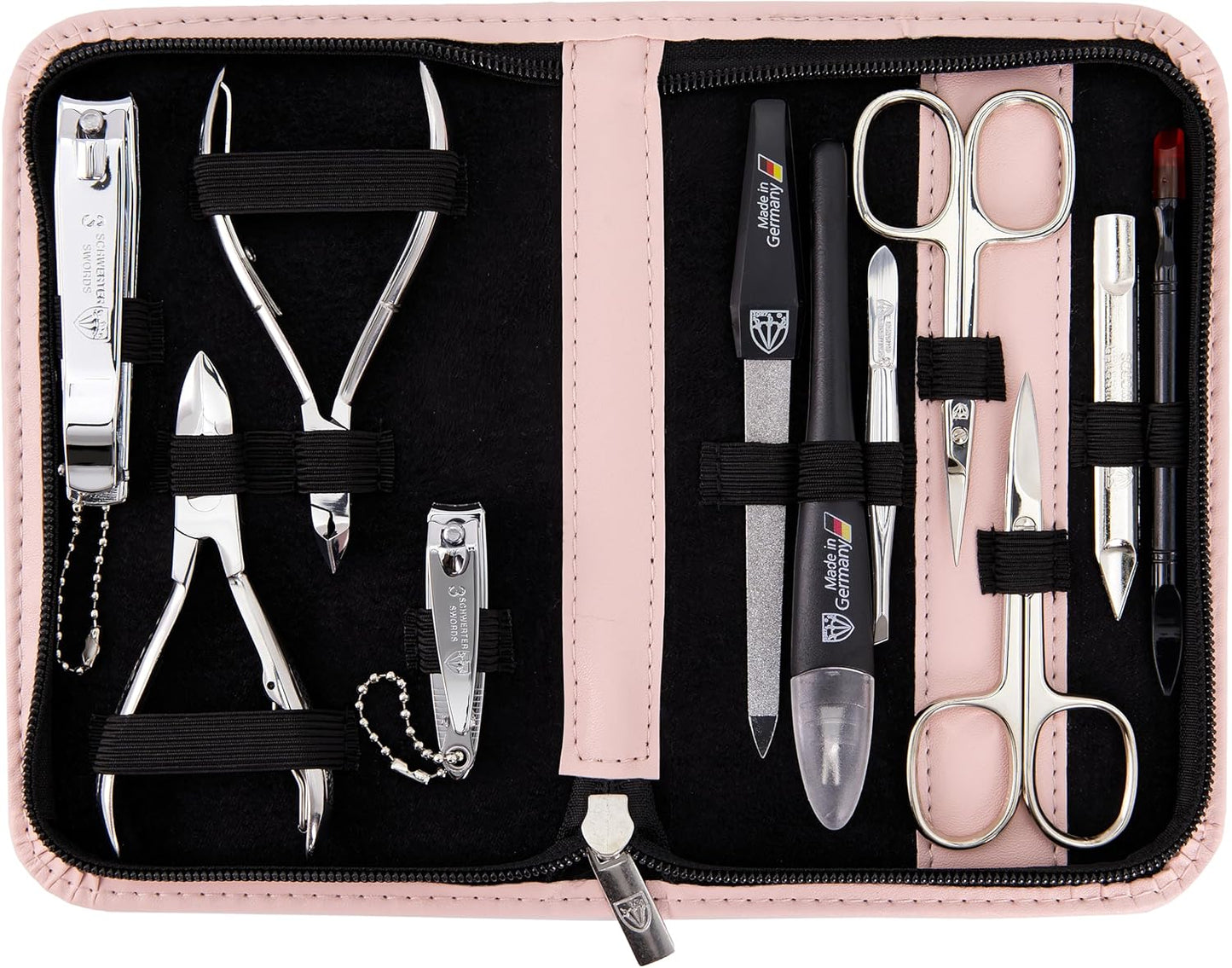 3 Swords Germany - brand quality 10 piece manicure pedicure grooming kit set for nail care scissors clipper pink synthetic leather case - Made by 3 Swords