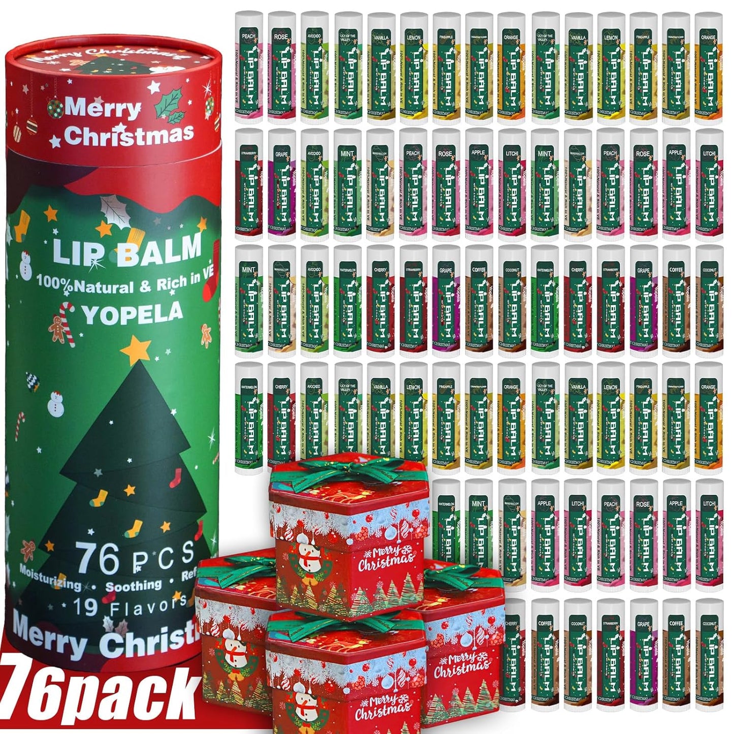 Yopela 76 Pack Christmas Natural Lip Balm Bulk with Vitamin E and Coconut Oil Lip Care Set - Moisturizing, Soothing, and Repairing Dry and Chapped Lips - 19 Flavors - Non-GMO