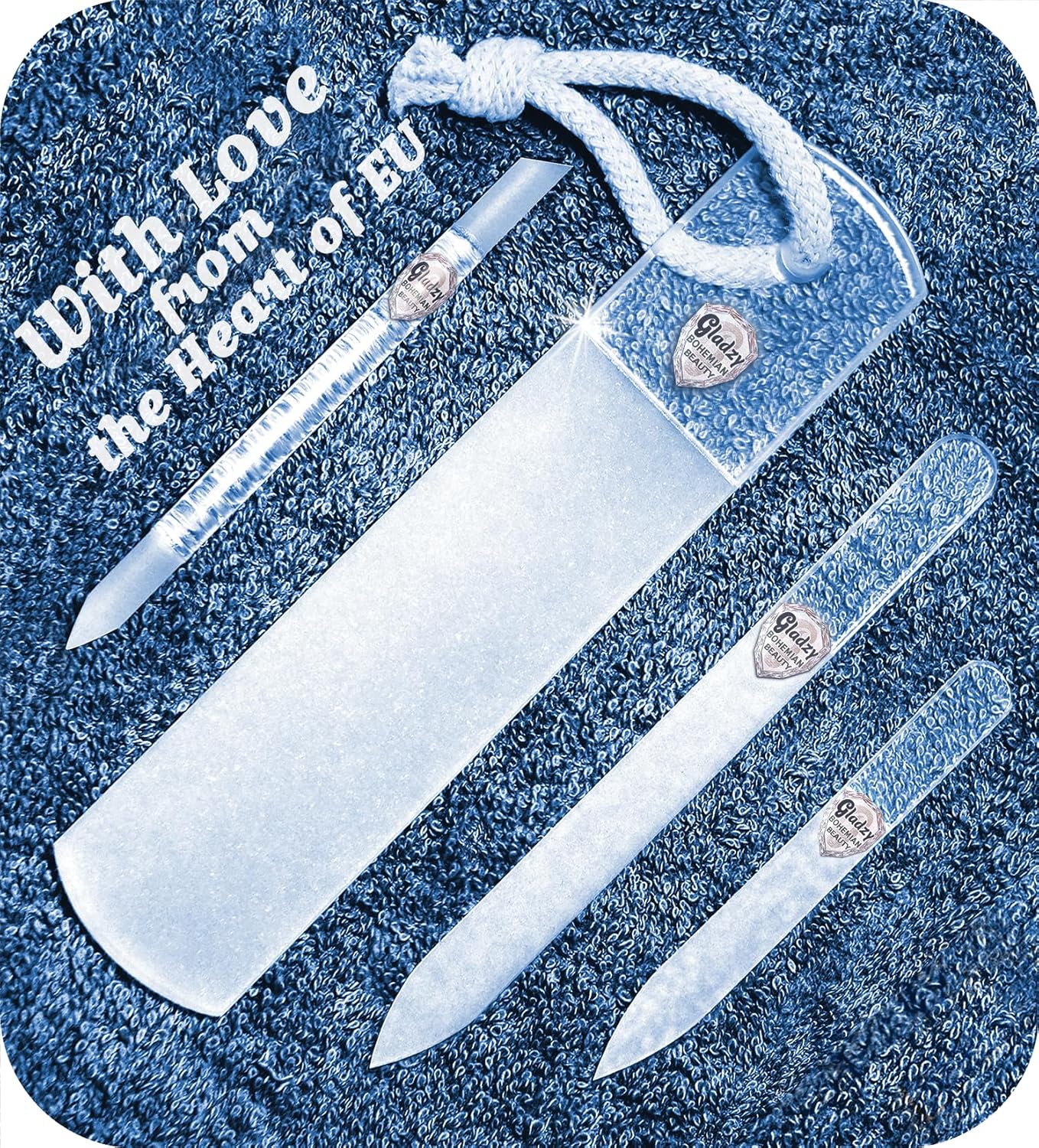 Genuine Czech Glass Nail File Set by GLADZY - Callus Remover Foot Rasp, Cuticle Pusher Manicure Stick, Double Sided Etched Different Grit Surface, Professional Nail Care Tool Kit, Made in EU