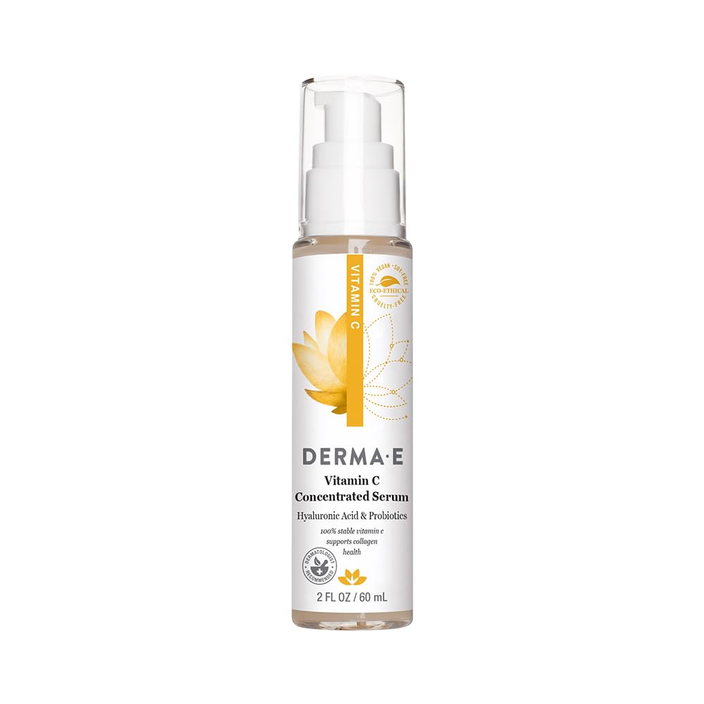 DERMA E Vitamin C Concentrated Serum, 2 Oz, with Hyaluronic Acid, Vitamin E & Aloe, All Natural, Antioxidant-Rich Concentrated Formula, Hydrating & Brightening Vitamin C Face Serum