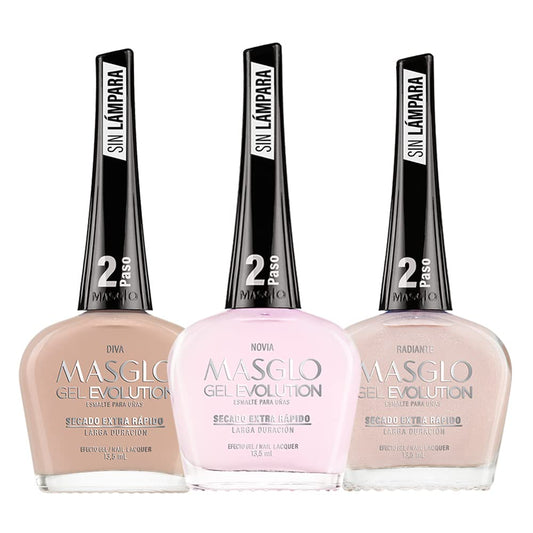 MASGLO Gel Evolution – Set of 3 Nail Polishes No UV/LED Lamp Needed, Fast-Drying, 12-Day Wear, 14-Free Formula, High-Gloss Finish, vegan (0.5 oz Each)