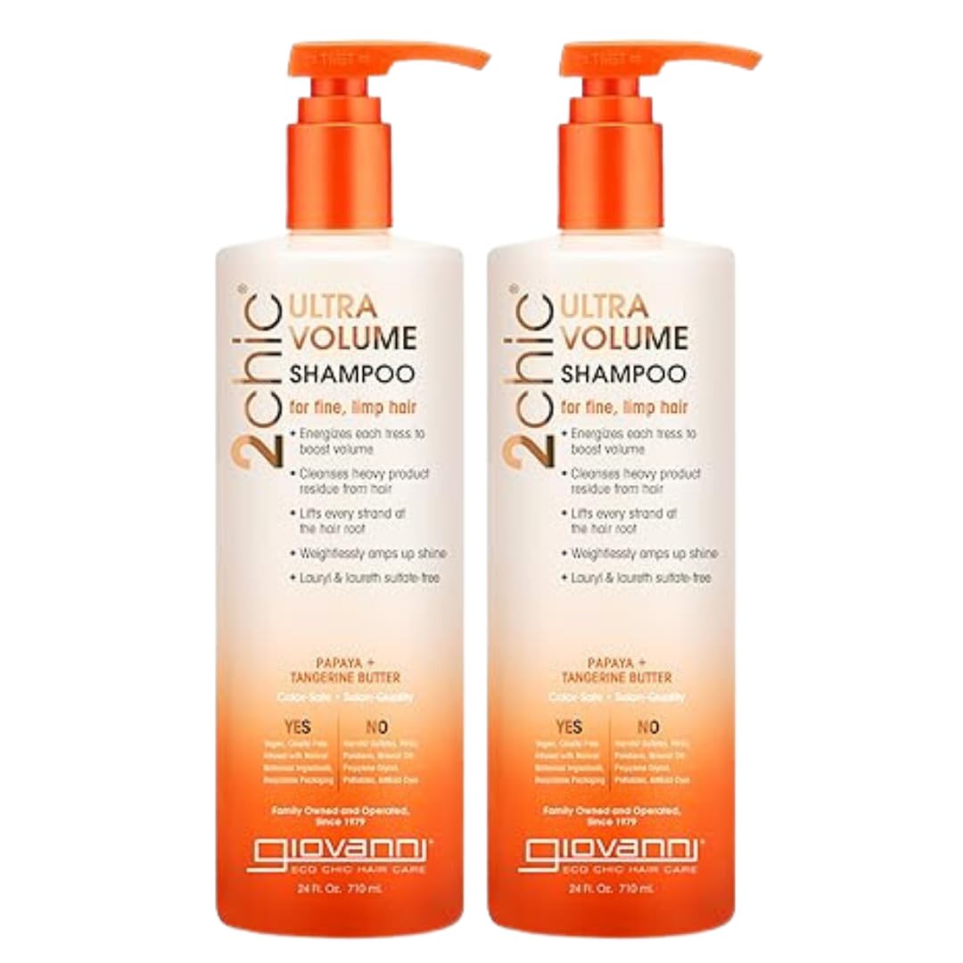 GIOVANNI 2chic Ultra-Volume Shampoo - Daily Volumizing Formula with Papaya & Tangerine Butter, Promotes Weightless Control for Fine Limp Thin Hair, No Parabens, Color Safe - 24 oz (Pack of 2)
