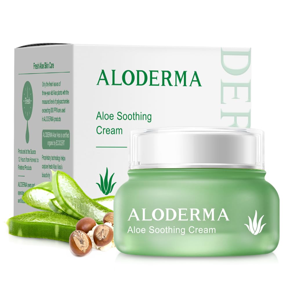 Aloderma Soothing Face Cream Made with 75% Organic Aloe Vera - Calming Facial Cream with Squalane & Vitamin E for Dry, Sensitive Skin - Reduces Redness, Helps Protect Damaged Skin, 50g/1.76oz