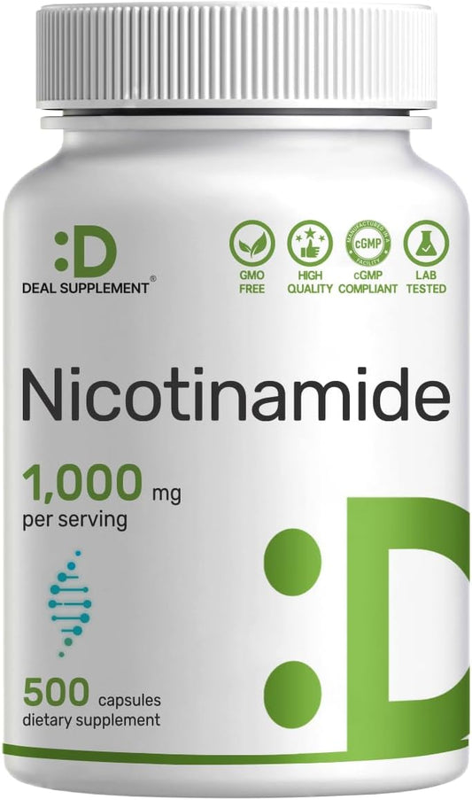 Vitamin B3 Nicotinamide 1,000mg Per Serving – 500 Capsules, Flush Free Niacin, Essential B3 – Supports Healthy Skin & Energy Production – Non-GMO