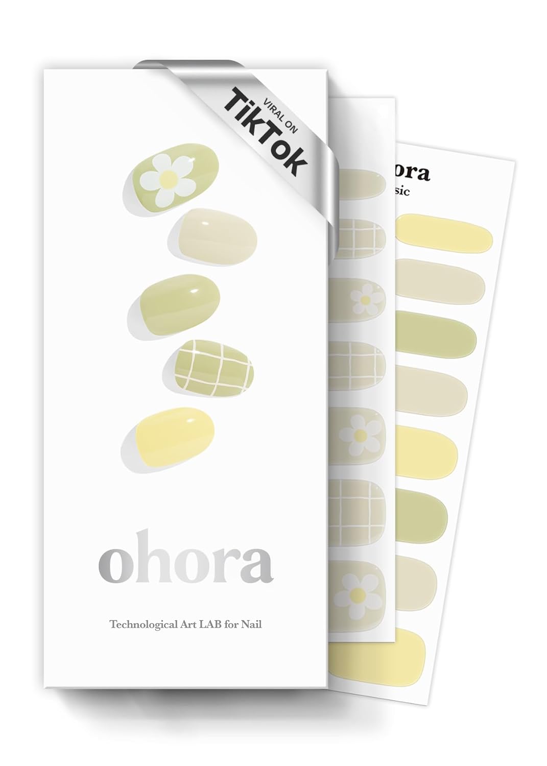 ohora Semi Cured Gel Nail Strips (N Olivia) - Green, Patterned, Works with Any UV/LED Lamps, Salon-Quality, Long Lasting, Easy to Apply & Remove - Includes 2 Prep Pads, Nail File & Wooden Stick