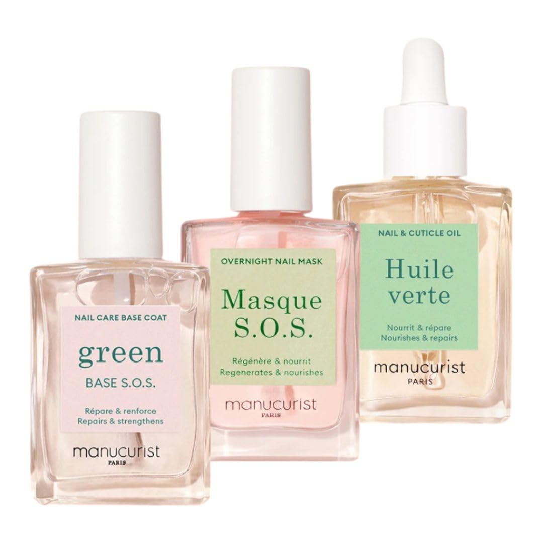Manucurist Rescue Nail Care Kit -: 1 Strengthening Base Coat, 1 Night Mask for Nails, 1 Cuticle Oil - Nail Strengthener For Damaged Nails - Nail Growth - Christmas Gifts for Women - Gift Box