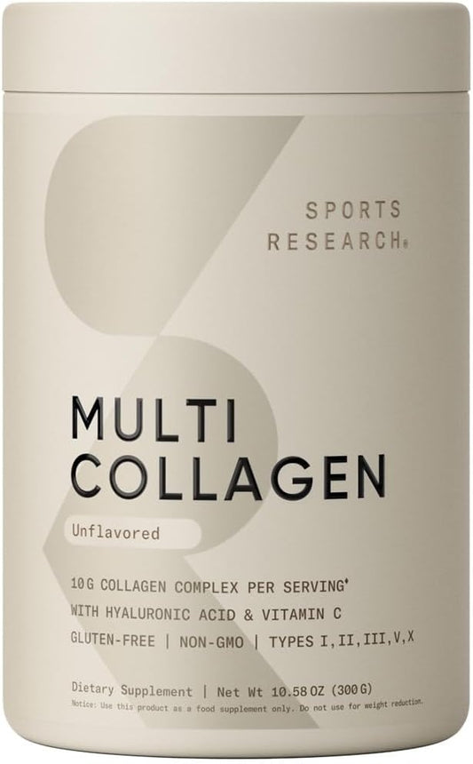 Sports Research Multi Collagen Protein Powder (Type I, II, III, V, X) with Hyaluronic Acid + Vitamin C | 5 Types of Food Based Collagen, 30 Servings (Unflavored)