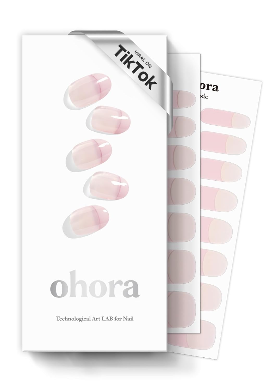 ohora Semi Cured Gel Nail Strips (N Romantic French) - Pink, French, Works with Any UV/LED Lamps, Salon-Quality, Long Lasting, Easy to Apply & Remove - Includes 2 Prep Pads, Nail File & Wooden Stick