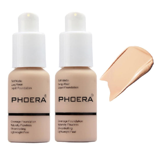 2 Pack PHOERA Foundation,Matte Oil Control Concealer Cream,PHOERA Long Lasting Waterproof Matte Liquid Foundation for Women Girls (102 Nude)