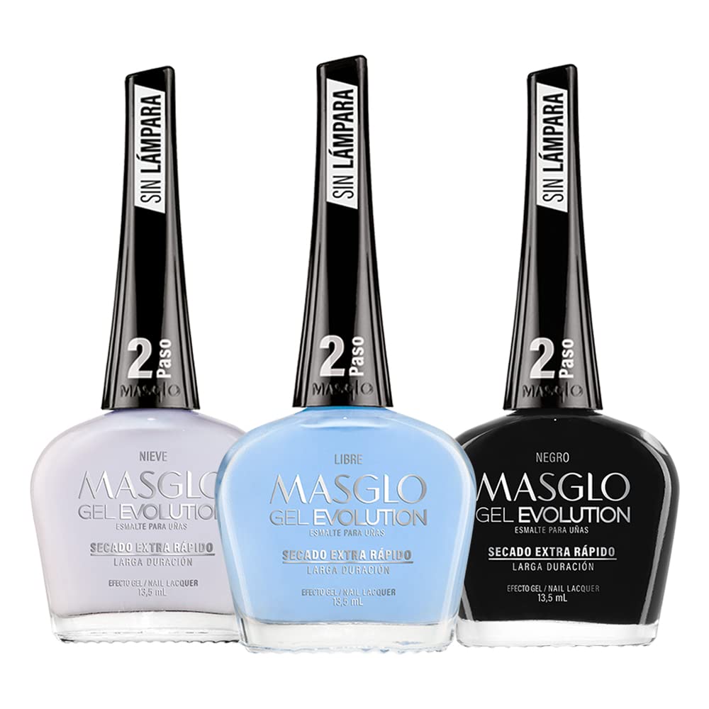 MASGLO Gel Evolution – Set of 3 Nail Polishes No UV/LED Lamp Needed, Fast-Drying, 12-Day Wear, 14-Free Formula, High-Gloss Finish, vegan (0.5 oz Each)