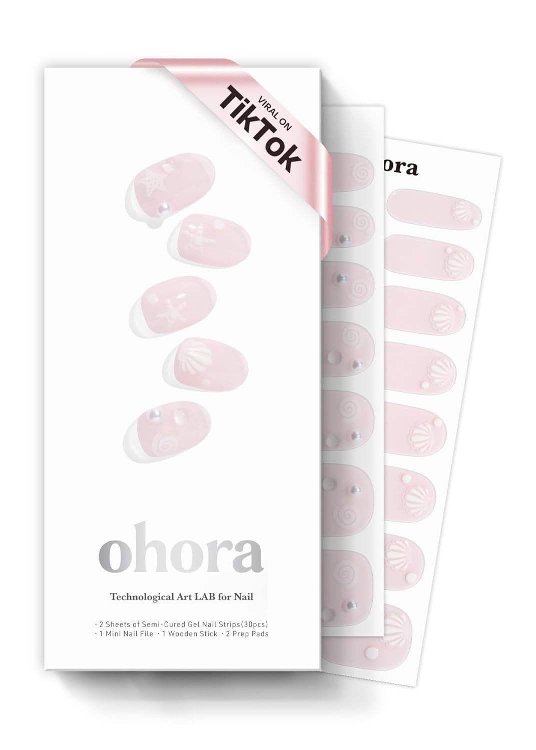 ohora Semi Cured Gel Nail Strips (N Seashell Love) - Works with Any Nail Lamps, Salon-Quality, Long Lasting, Easy to Apply & Remove - Includes 2 Prep Pads, Nail File & Wooden Stick