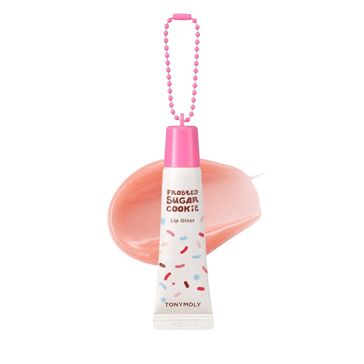 TONYMOLY Frosted Sugar Cookie Lip Gloss Key Chain – Hydrating, Non-Sticky Gloss with Soft Apricot Tint & Golden Shimmer – Holiday Limited Edition