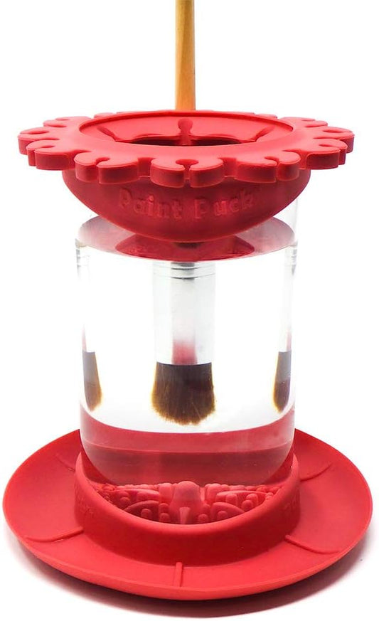 Paint Puck Ultimate Rinse Cup Paint Brush Cleaner (Red, Jar) - Non-Spill Paint Water Cup & Brush Cleaner with Brush Holder, Squeegee Lips & Drip Tray for Acrylic, Watercolor & Art Supplies