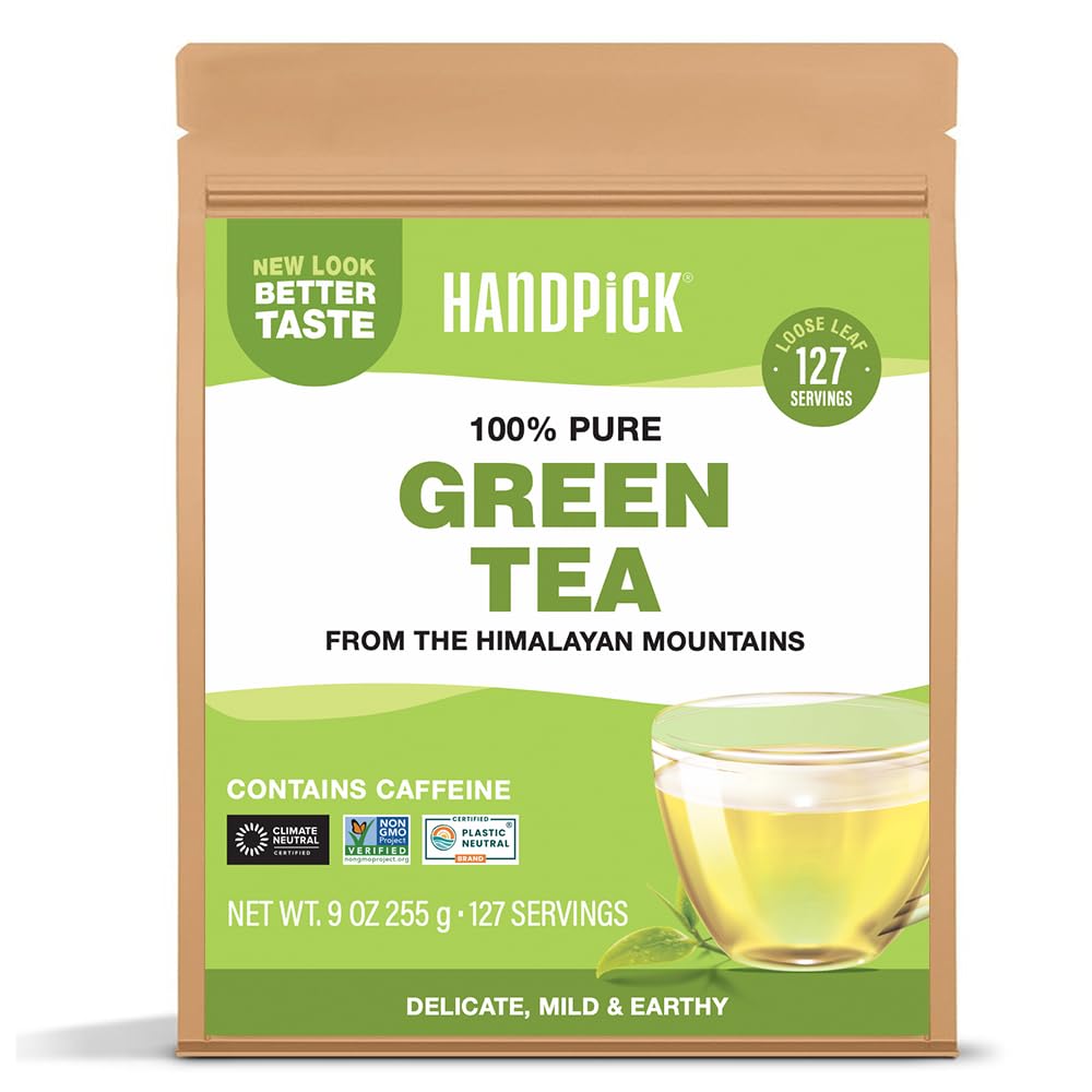 HANDPICK, Green Tea Loose Leaf (255g/9oz) 127 Cups | Non-GMO, 100% Pure Green Tea Leaves Sourced from Himalayas, India | Resealable Ziplock Pouch
