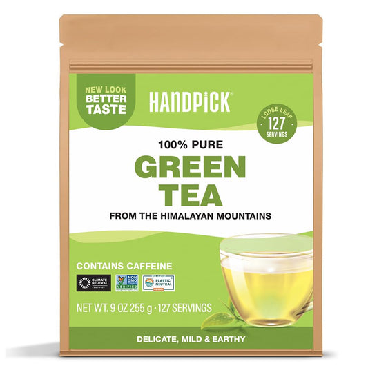 HANDPICK, Green Tea Loose Leaf (255g/9oz) 127 Cups | Non-GMO, 100% Pure Green Tea Leaves Sourced from Himalayas, India | Resealable Ziplock Pouch