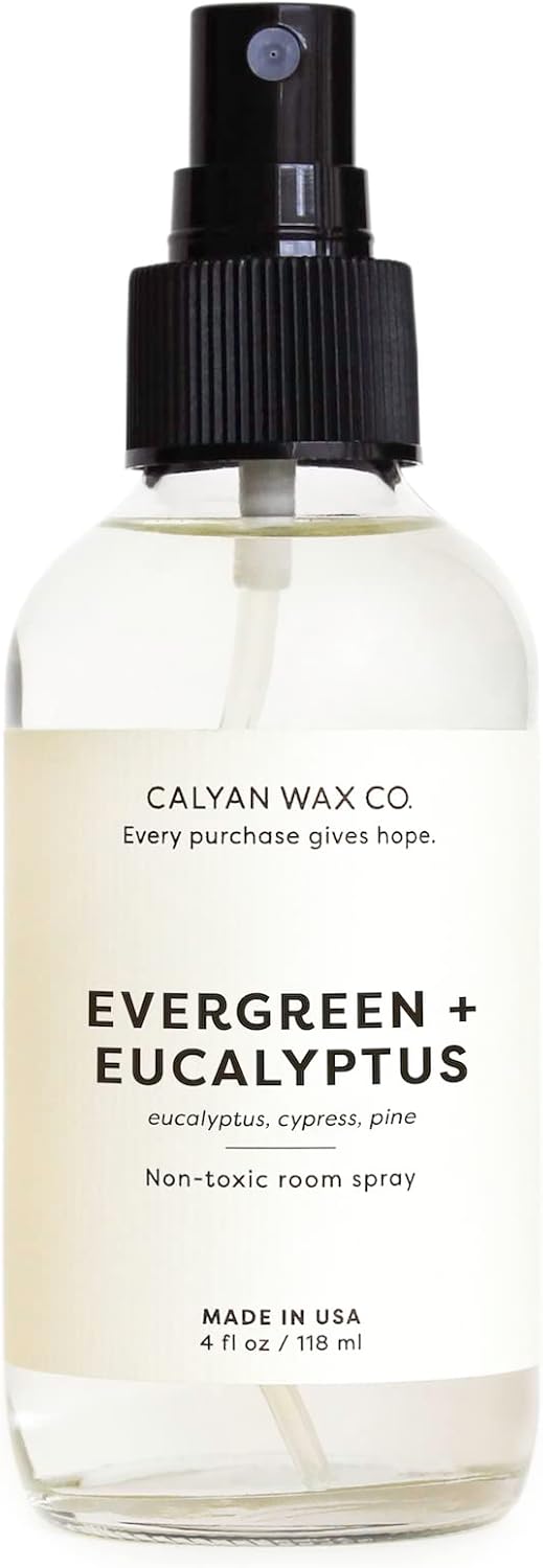Calyan Wax Co. Non Toxic Room Spray, Evergreen + Eucalyptus Air Freshener, Non Aerosol Natural Room Mist, Aromatherapy Spray with Essential Oils, 4fl oz