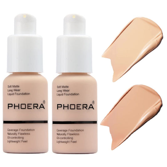 2 Pack PHOERA Foundation,Matte Oil Control Concealer Cream,PHOERA Long Lasting Waterproof Matte Liquid Foundation for Women Girls (102 Nude+103 Warm peach)