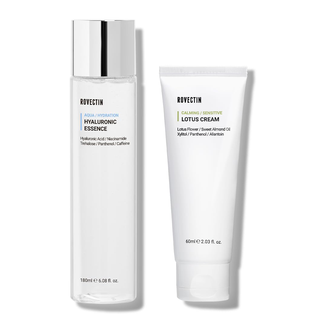 ROVECTIN Calming Lotus Water Cream (2.03 fl.oz, 60ml) Moisturizer + Aqua Hyaluronic Essence (6.08 fl.oz, 180ml) Facial Toner Bundle | Vegan Korean Skincare [2 Pack]