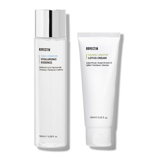 ROVECTIN Calming Lotus Water Cream (2.03 fl.oz, 60ml) Moisturizer + Aqua Hyaluronic Essence (6.08 fl.oz, 180ml) Facial Toner Bundle | Vegan Korean Skincare [2 Pack]
