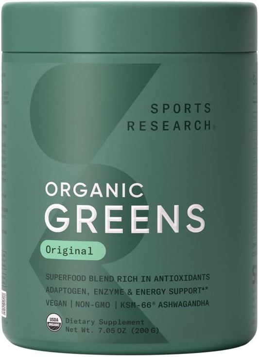 Sports Research® Organic Greens Superfood Powder w/Spirulina & Chlorella, Adaptogens, Enzymes, Probiotics & 8 VIT Bs for Gut & Mood Support* - Vegan, Sugar-Free & Low-Cal Original 20 Servings