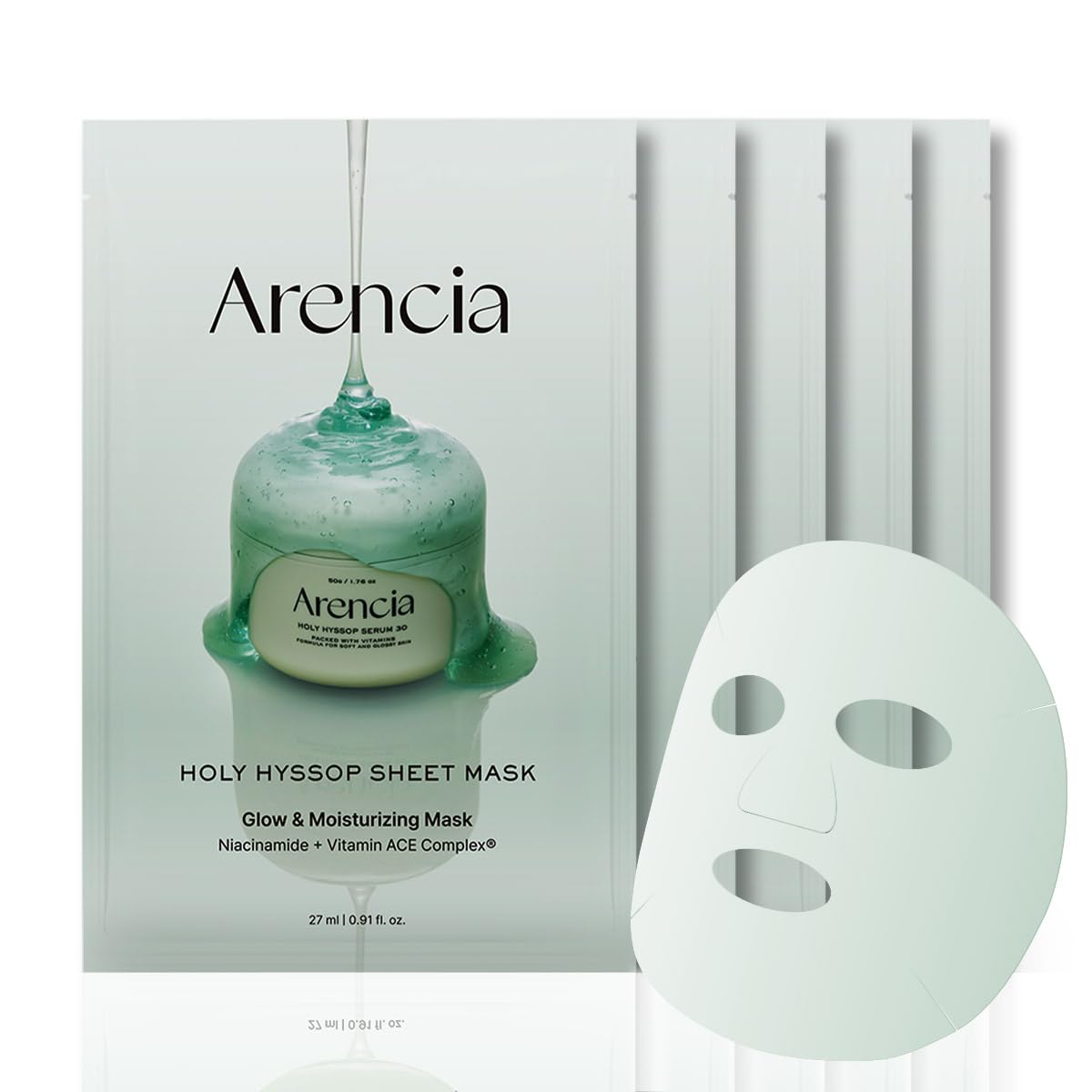 Arencia Hyssop Glow Sheet Mask, 5 Pack, Hydrating, Glowing, Boosting, Repairing for younger looking skin with Vitamin A,C,E