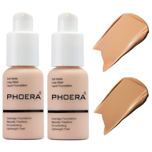 2 Pack PHOERA Foundation,Matte Oil Control Concealer Cream,PHOERA Long Lasting Waterproof Matte Liquid Foundation for Women Girls (104 Buff Beige+105 Sand)