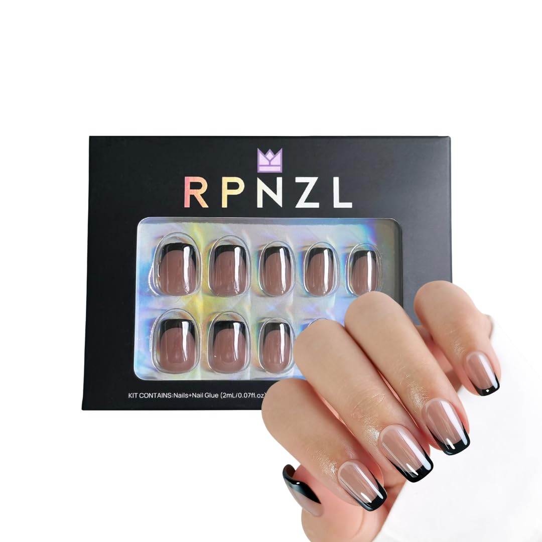 Press On Nails - Midnight I Chrome Black French Tip Medium Squoval I16 Sizes - 32 Reusable Fake Nail Kit - Glue & Adhesive Tabs I Long-Lasting, Damage-Free Wear