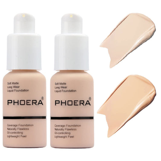 2 Pack PHOERA Foundation Makeup For Older Women,Flawless Soft Matte Liquid Foundation 24 HR Oil Control Concealer Makeup(101 Porcelain+102 Nude)