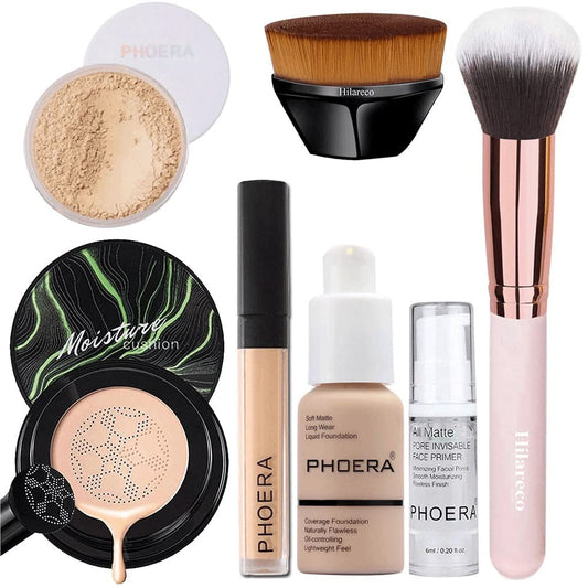 PHOERA Full Coverage Makeup Set - Mushroom Head Air Cushion CC Cream Natural Foundation, Concealer, Primer, Powder & Foundation Brushes (102 Nued +02 Natural CC)