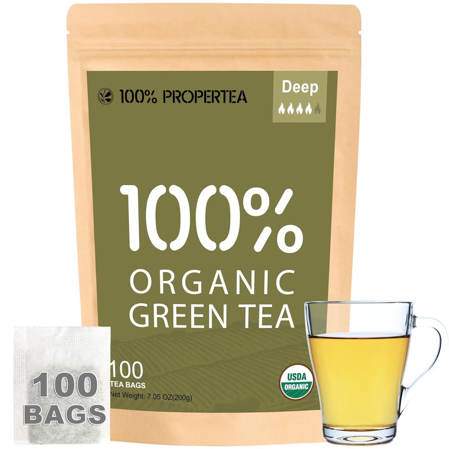 100% Propertea Organic Green Tea Bags, 100 Count Eco-Friendly Tea Bags, Deep Taste, Caffeinated, Rich in Antioxidants, Resealable Pouch