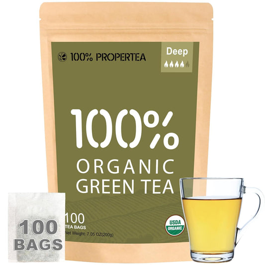 100% Propertea Organic Green Tea Bags, 100 Count Eco-Friendly Tea Bags, Deep Taste, Caffeinated, Rich in Antioxidants, Resealable Pouch