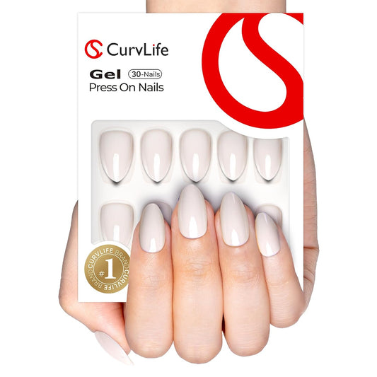Curvlife Soft Gel Press on Nails, 30Pcs 15 Sizes Nail Tips, Full Cover White Almond Design Reusable Gel Nails Kit with Glue and Adhesive Tabs